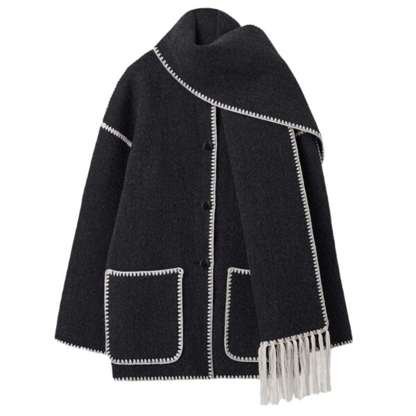 Thickened Woolen Loose Coat With Scarf Tassel - Image 8